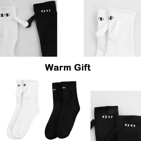 2 Pairs Hand In Hand Socks, Funny Magnetic Socks, Couple Holding Hands Socks, Friendship Socks, Novelty Socks for Women Men,Cute Socks with Eyes (White+Black)