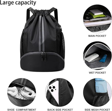 Soccer Bags, Drawstring Backpack Gym Bag with Shoe Compartment and Mesh Pockets for Soccer Basketball Volleyball Football Sports Gym