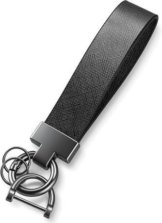 Leather Car Keychain, Universal Heavy Duty Metal Key Chain Holder with 2 Ring and Anti-Lost D-Ring, Accessories for Men Women (Black) Black -