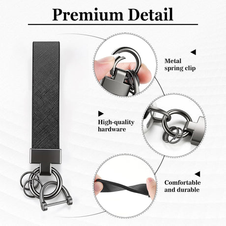 Leather Car Keychain, Universal Heavy Duty Metal Key Chain Holder with 2 Ring and Anti-Lost D-Ring, Accessories for Men Women (Black) Black -