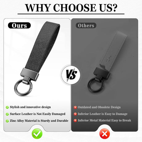 Leather Car Keychain, Universal Heavy Duty Metal Key Chain Holder with 2 Ring and Anti-Lost D-Ring, Accessories for Men Women (Black) Black -