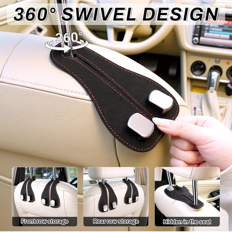 2PCS Car Purse Holder Hook, Seat Back Storage Leather-Wrapped Alloy Double Headrest Hook for Purses & Bags, Cute Interior Accessories Women and Men, Black -