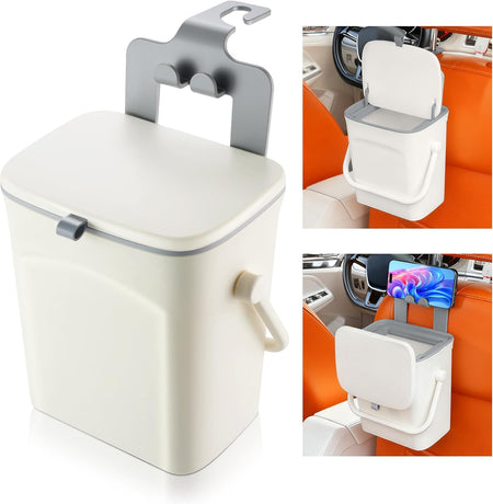 Car Trash Can with Lid and Phone Holder, Universal Bin, Waterproof Hanging Vehicle Garbage Can, Leak Proof Organizers Storage, Accessories Interior for Women Men, White -