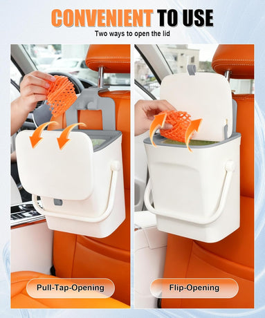 Car Trash Can with Lid and Phone Holder, Universal Bin, Waterproof Hanging Vehicle Garbage Can, Leak Proof Organizers Storage, Accessories Interior for Women Men, White -