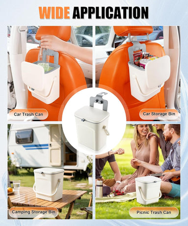 Car Trash Can with Lid and Phone Holder, Universal Bin, Waterproof Hanging Vehicle Garbage Can, Leak Proof Organizers Storage, Accessories Interior for Women Men, White -