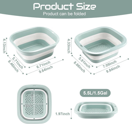 1.5 Gal (5.5L) Collapsible Dish Basin with Drain Basket Colanders, Multiuse Double-Layer Foldable Strainers Sink Tub, Wash Pan, Plastic Tubs, Dishpan, Kitchen Sink, Green -