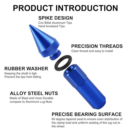 20PCS M14X1.5 Wheel Lug Nuts, Cap Spiked Extended Tuner 60mm Aluminum Wheels Rims Nuts (Blue) blue M14x1.5