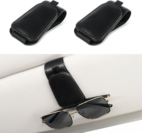 2 Pack Sunglass Holder for Car Visor Sunglasses Clip, Universal Non-Slip Magnetic Leather Glasses Eyeglasses Hanger Mounter, Truck Interior Accessories Woman Man, Black 2PCS