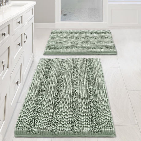 Sage Bathroom Rugs, Bath Mat Set of 2 Extra Thick Chenille Striped Pattern Shaggy Rugs for Room, Non Skid Mats Floor (32 x 20 Plus 24 17 - Inches) 20
