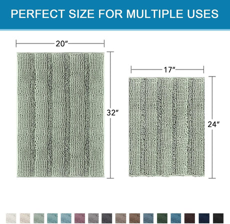 Sage Bathroom Rugs, Bath Mat Set of 2 Extra Thick Chenille Striped Pattern Shaggy Rugs for Room, Non Skid Mats Floor (32 x 20 Plus 24 17 - Inches) 20