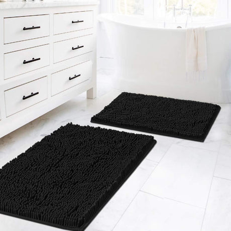 Black Bathroom Rug Set 2 Piece, Bath Mats for Floor, Super Thick Soft Shaggy Chenille Machine Washable, Dry Fast Water Absorbent Mats(20