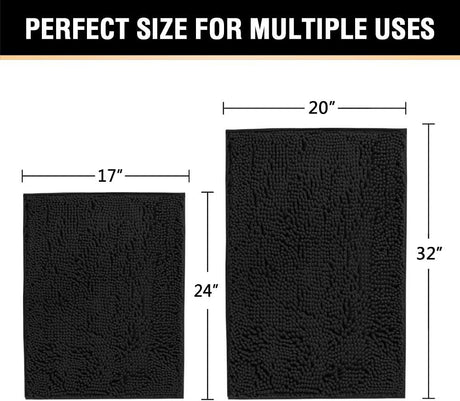 Black Bathroom Rug Set 2 Piece, Bath Mats for Floor, Super Thick Soft Shaggy Chenille Machine Washable, Dry Fast Water Absorbent Mats(20