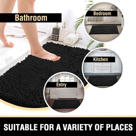 Black Bathroom Rug Set 2 Piece, Bath Mats for Floor, Super Thick Soft Shaggy Chenille Machine Washable, Dry Fast Water Absorbent Mats(20