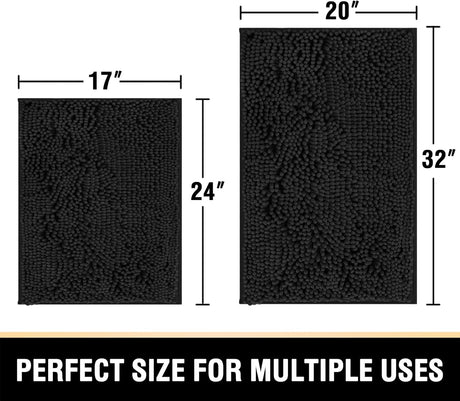 Black Bathroom Rug Set 2 Piece, Bath Mats for Floor, Super Thick Soft Shaggy Chenille Machine Washable, Dry Fast Water Absorbent Mats(20
