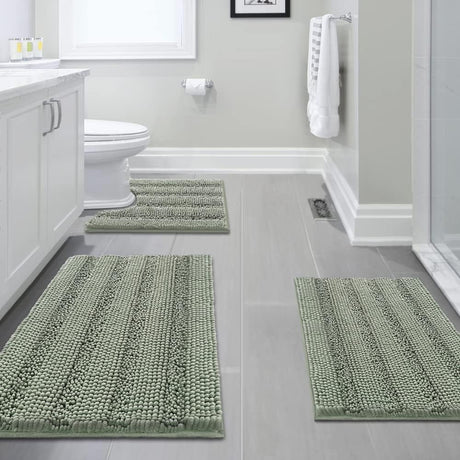 3 Piece Bathroom Rugs Sets Thick Striped Bath Set for Non Slip Soft Absorbent Mat Tub, Shower and Toilet(17''x24''+20''x32''+20''x24'' U-Shaped, Sage) Sage 17
