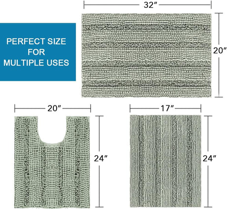 3 Piece Bathroom Rugs Sets Thick Striped Bath Set for Non Slip Soft Absorbent Mat Tub, Shower and Toilet(17''x24''+20''x32''+20''x24'' U-Shaped, Sage) Sage 17