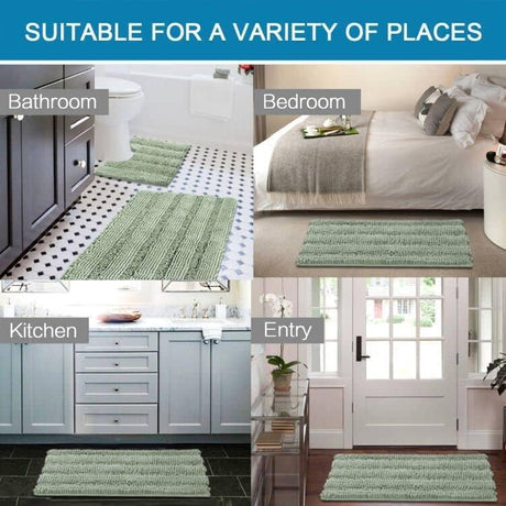 3 Piece Bathroom Rugs Sets Thick Striped Bath Set for Non Slip Soft Absorbent Mat Tub, Shower and Toilet(17''x24''+20''x32''+20''x24'' U-Shaped, Sage) Sage 17