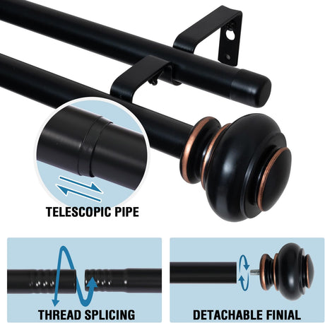 Double Curtain Rods for Windows 16.2 to 90.6 Inches 3/4 inch Diameter Adjustable Decorative Telescoping Rod with Brackets Heavy Duty Splicing Rods, Black 16.2
