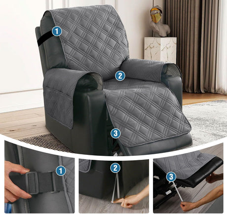 100% Waterproof Recliner Chair Cover Nonslip Stay in Place Electric Power Lift Slipcovers Fitted Standard Large with Side Pocket,Grey/Beige Grey/Beige -