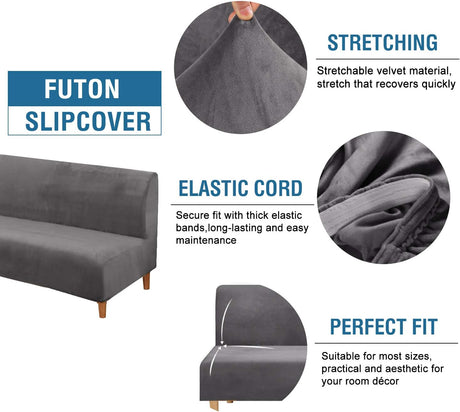 Real Velvet Futon Cover Armless Sofa Covers Bed Stretch Couch Slipcover Furniture Protector Thick Soft Fabric Form Fitted Stay in Place, Grey -