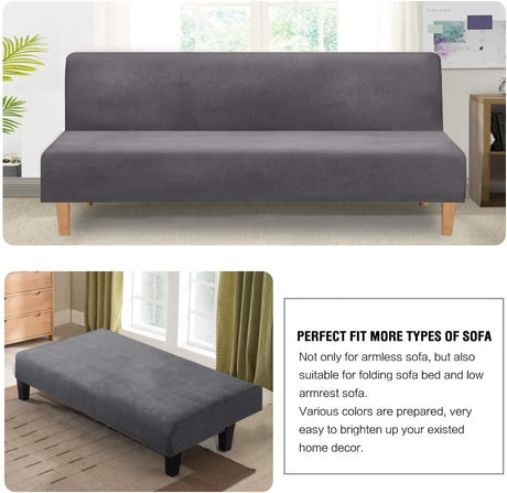 Real Velvet Futon Cover Armless Sofa Covers Bed Stretch Couch Slipcover Furniture Protector Thick Soft Fabric Form Fitted Stay in Place, Grey -