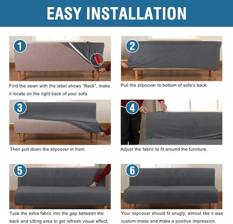 Real Velvet Futon Cover Armless Sofa Covers Bed Stretch Couch Slipcover Furniture Protector Thick Soft Fabric Form Fitted Stay in Place, Grey -