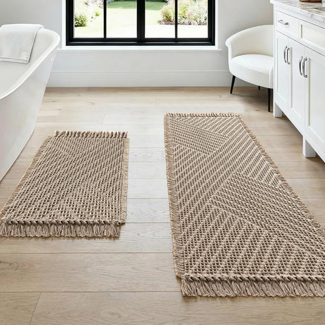 Waffle Bath Mat Super Absorbent Boho Non Slip Rugs for Bathroom Floor Machine Washable Dry Fast with Tassels (47 x 17 Plus 24 Inches, Irish Cream) Cream 47