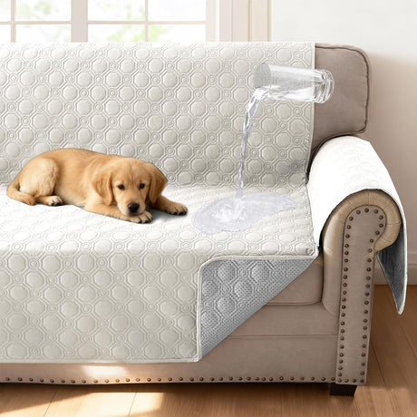 100% Waterproof Couch Cover for 3 Cushion Sofa Washable Pet Friendly with Elastic Straps Thick Durable Storage Pocket(XL Sofa, Beige) Beige 78
