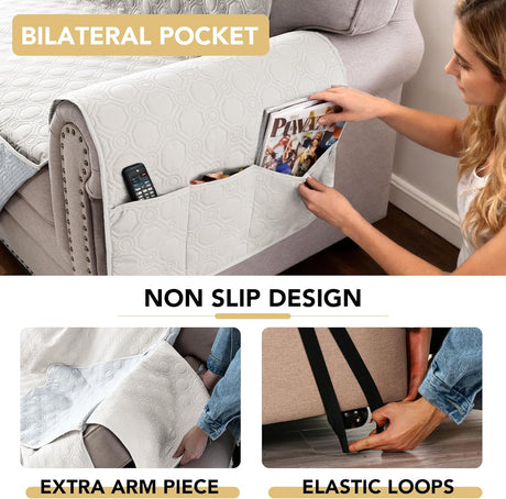 100% Waterproof Couch Cover for 3 Cushion Sofa Washable Pet Friendly with Elastic Straps Thick Durable Storage Pocket(XL Sofa, Beige) Beige 78