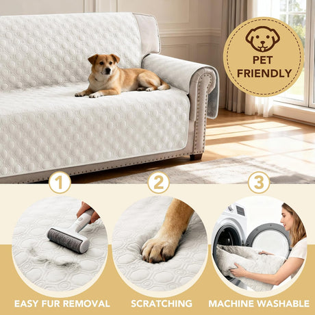 100% Waterproof Couch Cover for 3 Cushion Sofa Washable Pet Friendly with Elastic Straps Thick Durable Storage Pocket(XL Sofa, Beige) Beige 78