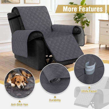 100% Waterproof Recliner Chair Covers, Covers Non-Slip Stay in Place, Thick Cover for with Pocket, Dog Couch Protector Washable(Grey, 23