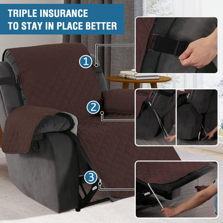 Reversible Quilted Recliner Covers Chair Cover Water Resistant Furniture Protector Washable Couch with Elastic Straps for Kids, Pets (Recliner, Brown/Beige) Brown/Beige (79