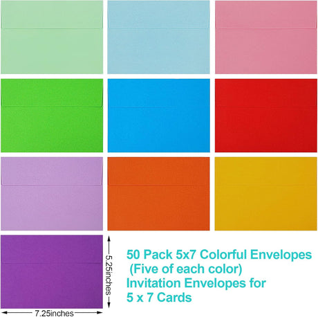 50 Pack Colored Envelope, 5x7 Envelopes, A7 Envelopes for Invitations, Printable Invitation Envelope Weddings, Photos, Postcards, Greeting Cards, Mailing - (5