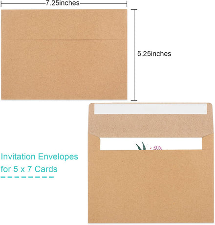 50 Pack Brown Kraft Envelopes, 5x7 Envelopes for Invitations, A7 Invitation Personalize Gift Cards, Wedding, Baby Shower, Birthday Party - (5.25x7.25in)