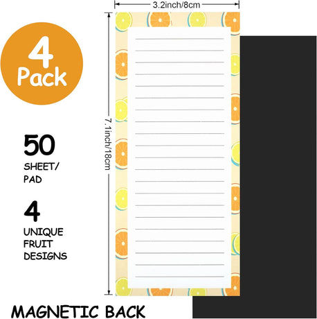 4 Pack Magnetic Notepads for Refrigerator, Grocery List Magnet Pad Fridge, Fruit Design Full Back Shopping Lists, 50 Sheets Per Note Pads -