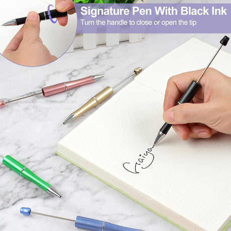 15 PCS Beadable Pens, Pens Bulk Colored Plastic, Black Ink Beaded Creative Diy Pen, Bend for Make Gifts Children and Students, Office School Supplies -