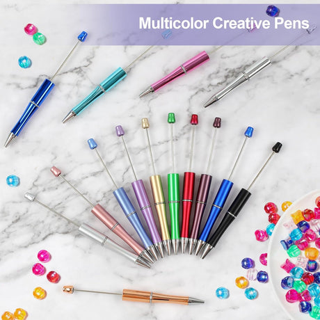 15 PCS Beadable Pens, Pens Bulk Colored Plastic, Black Ink Beaded Creative Diy Pen, Bend for Make Gifts Children and Students, Office School Supplies -
