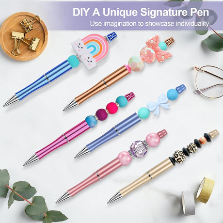 15 PCS Beadable Pens, Pens Bulk Colored Plastic, Black Ink Beaded Creative Diy Pen, Bend for Make Gifts Children and Students, Office School Supplies -