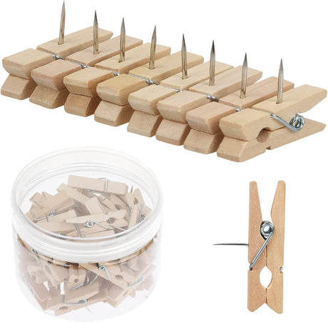 50 PCS Push Pin with Wooden Clips, Durable Pins, Decorative Pushpins Tacks Thumbtacks, for Cork Board Artworks Notes Photos, Craft Projects, Offices and Homes (Burlywood) -