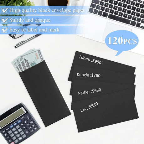 BONUS++ Envelope Set - 120 Envelopes for Cash, Checks, & Tickets; 80GSM, 3.2x6.6 inch Black Perfect Cash Challenge Savers 3.2x6.6in (Pack of 1)