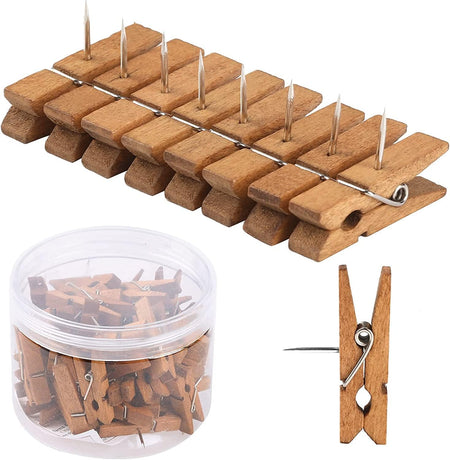 50 PCS Push Pin with Wooden Clips, Durable Pins, Decorative Pushpins Tacks Thumbtacks, for Cork Board Artworks Notes Photos, Craft Projects, Offices and Homes Brown -