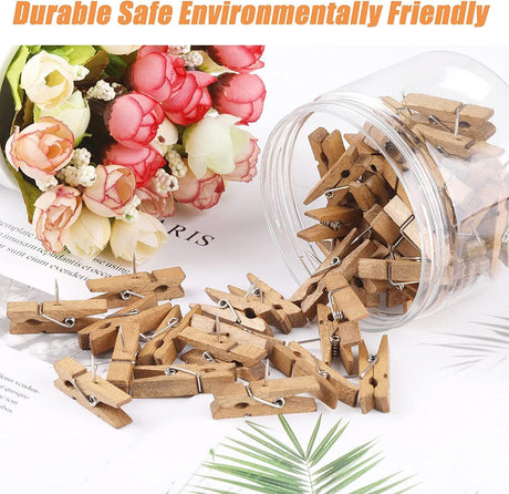 50 PCS Push Pin with Wooden Clips, Durable Pins, Decorative Pushpins Tacks Thumbtacks, for Cork Board Artworks Notes Photos, Craft Projects, Offices and Homes Brown -