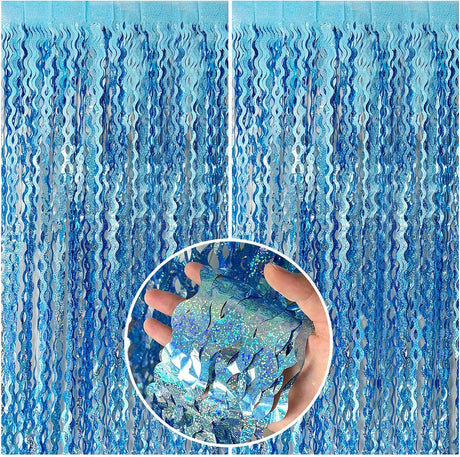 Tinsel Foil Fringe Curtains Wavy Backdrop for Parties Sparkle Metallic Curtain Party Decorations Photo Booth Props Birthday Graduation Wedding Light Blue 2 Pack