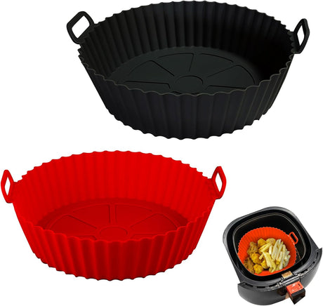 Air Fryer Silicone Liners Pot,8 inch Basket Liners, Baking Tray Pots for 3 to 5 Qt fryer Oven Reusable Accessories (Red+Black) -