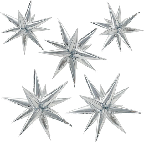 60Pcs Silver Star Balloons Birthday Decorations Explosion Mylar 12 Spike Balloon Large Foil Prom for Wedding Anniversary Christmas New Year Eve Party Backdrops Supplies -
