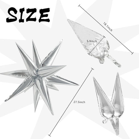 60Pcs Silver Star Balloons Birthday Decorations Explosion Mylar 12 Spike Balloon Large Foil Prom for Wedding Anniversary Christmas New Year Eve Party Backdrops Supplies -