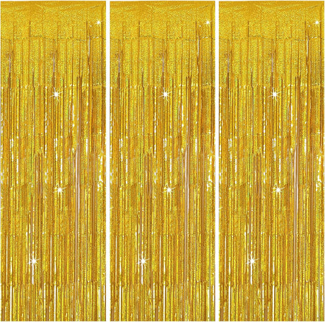 3 Pack Gold Backdrop Birthday Decorations Foil Curtain Streamers Dance Party Photo Booth Props for Bachelorette Christmas Halloween New Years Eve Supplies -
