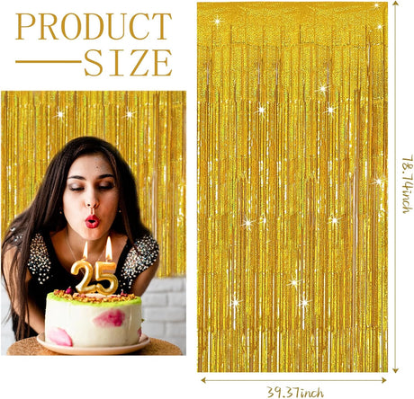 3 Pack Gold Backdrop Birthday Decorations Foil Curtain Streamers Dance Party Photo Booth Props for Bachelorette Christmas Halloween New Years Eve Supplies -