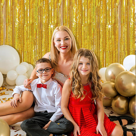 3 Pack Gold Backdrop Birthday Decorations Foil Curtain Streamers Dance Party Photo Booth Props for Bachelorette Christmas Halloween New Years Eve Supplies -