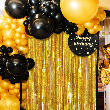 3 Pack Gold Backdrop Birthday Decorations Foil Curtain Streamers Dance Party Photo Booth Props for Bachelorette Christmas Halloween New Years Eve Supplies -